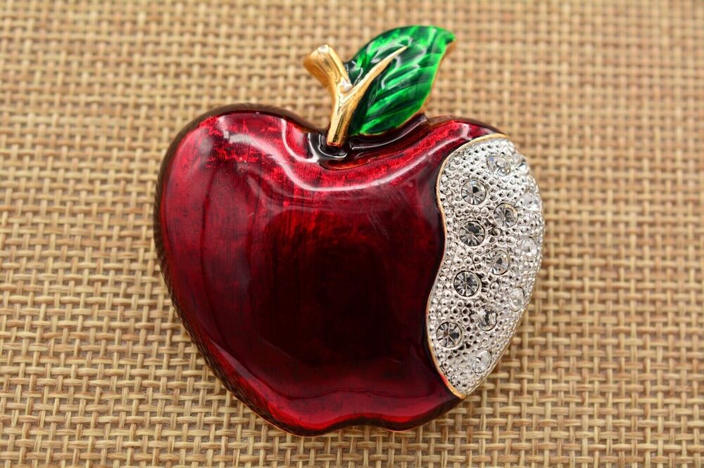 Vintage Apple Pin Brooch Red Green Enamel Rhinestone Crystal Gold Chunky BinV